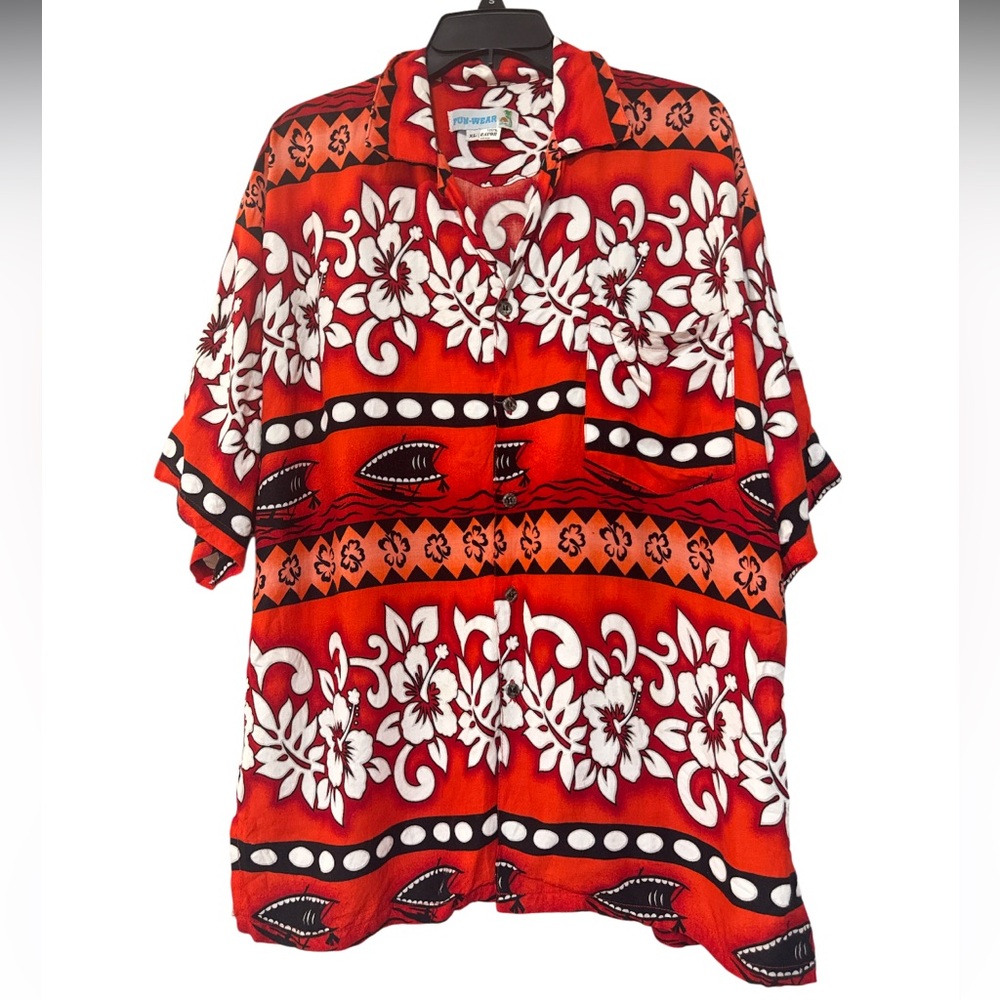 Fun-Wear Hawaiian Red White Floral Shirt Button - Size XL